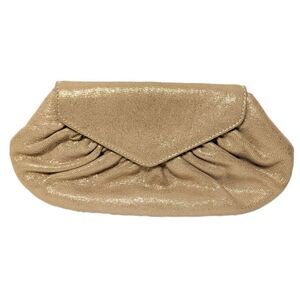 LAUREN MERKIN Gold Suede Embossed Flap Clutch Bag